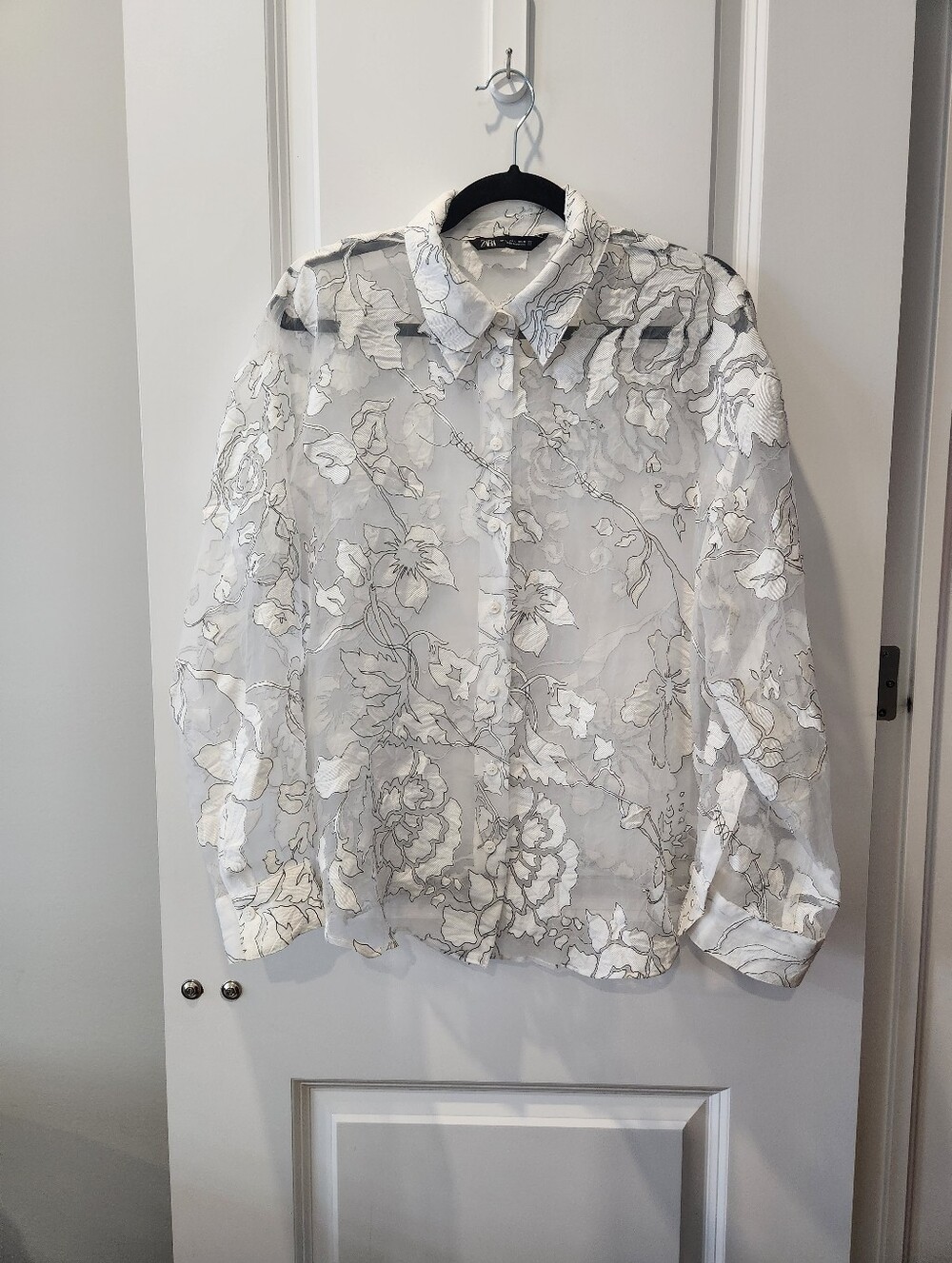 ZARA White Sheer Floral Blouse Top